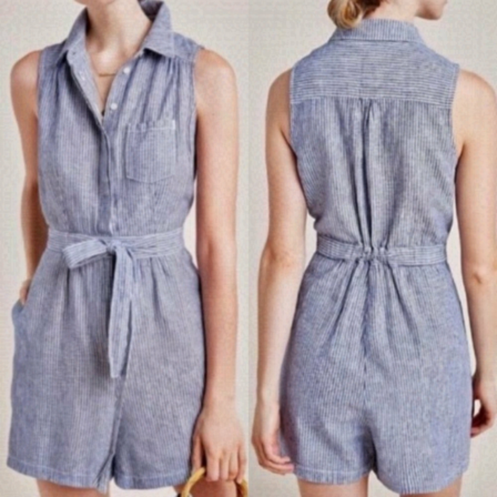 Anthropologie Linen Blue Striped Romper Tie Waist Size 0 Bohemian Playsuit‎ Boho
